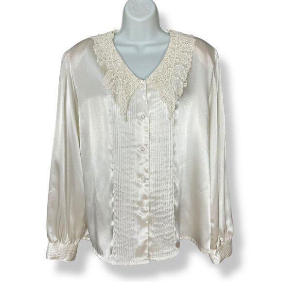 Vintage Blouse Lace Collar Victorian Cream White Long Sleeve Button-Up Coquette - Picture 1 of 13